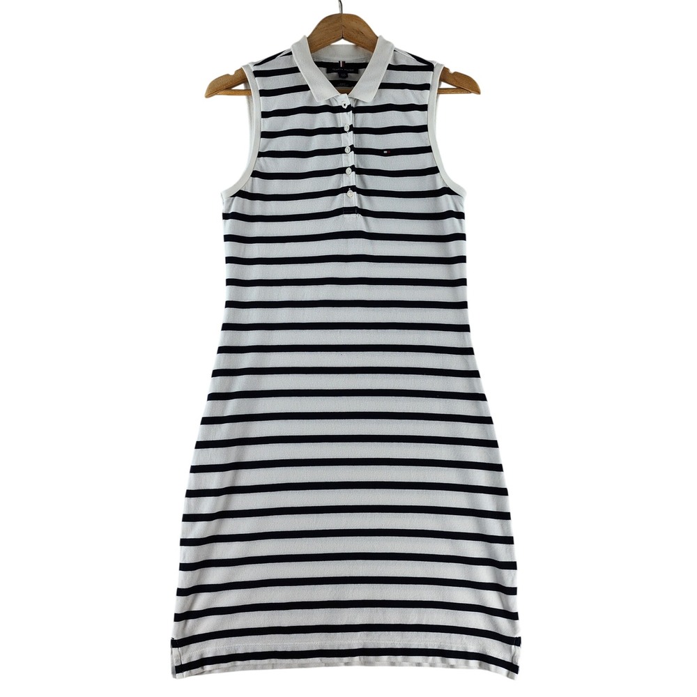 Tommy Hilfiger Polo Dress Women Small White Navy Striped Slim Fit Cotton Pique